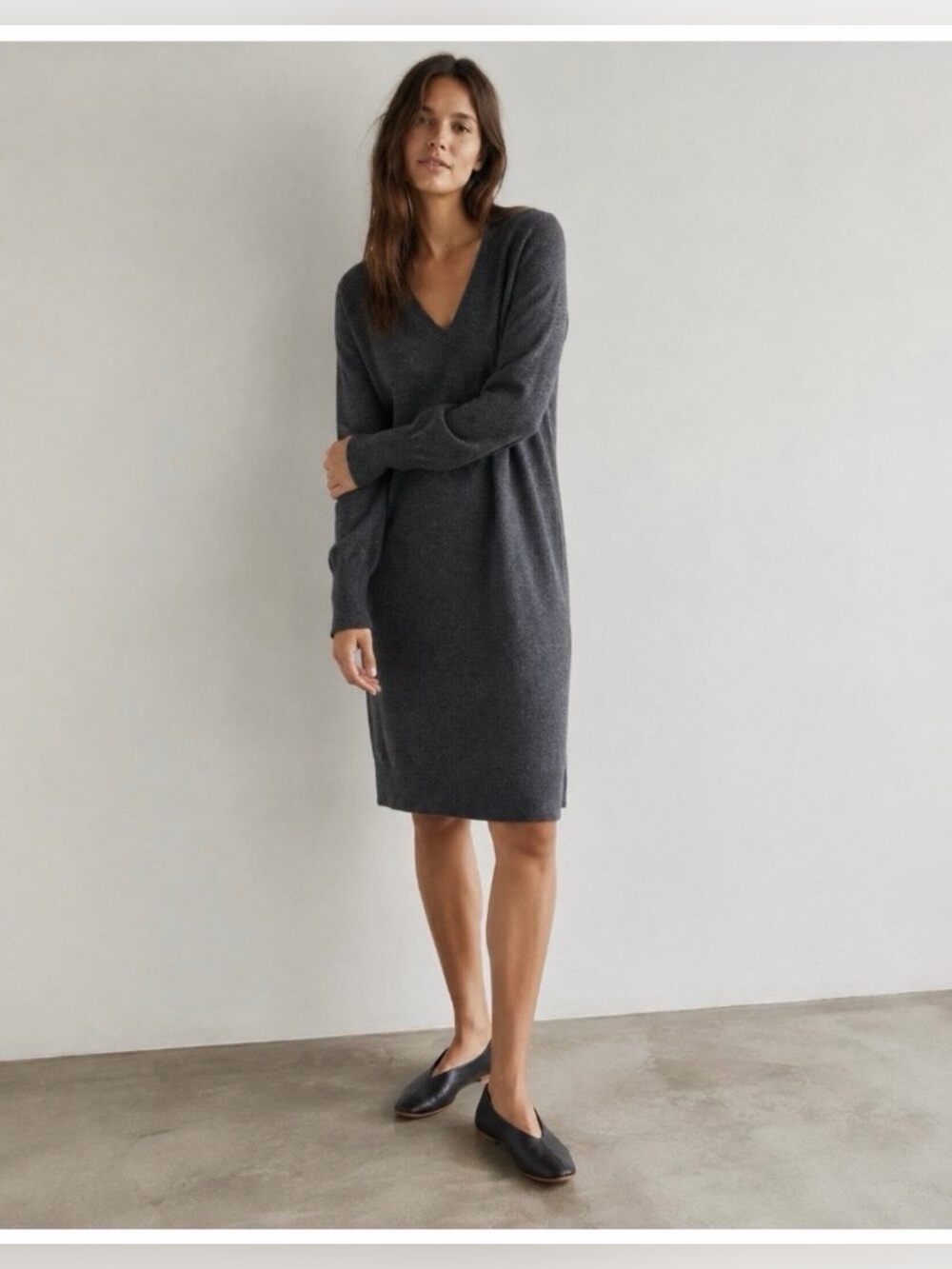 Everlane Cashmere Charcoal V-Neck Long Sleeve Knit Dress Size S